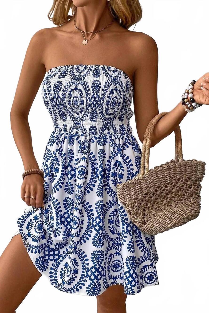 NEW NINEXIS printed tube top mini dress in blue